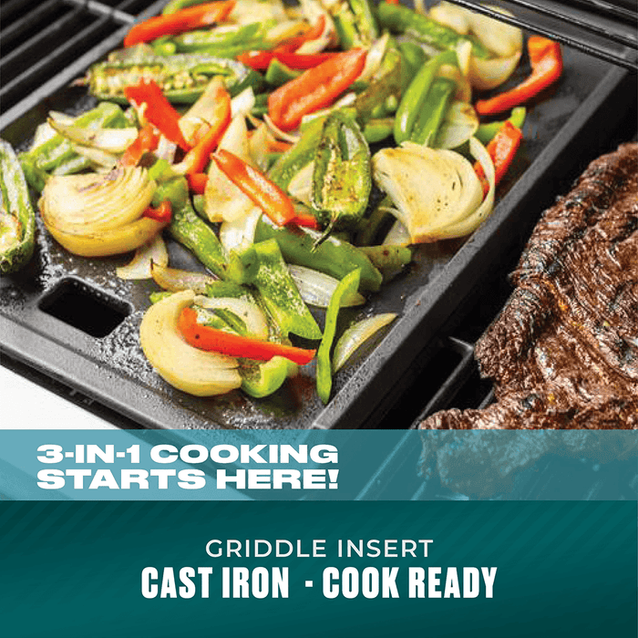 Cast iron griddle insert with vegetables and steak cooking.