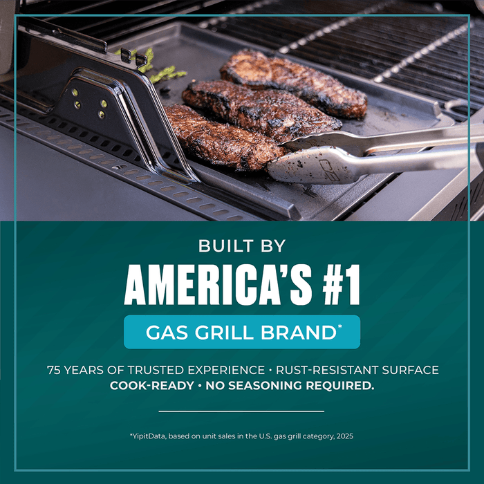 "Gas grill with cooked steaks, built by America's #1 gas grill brand."