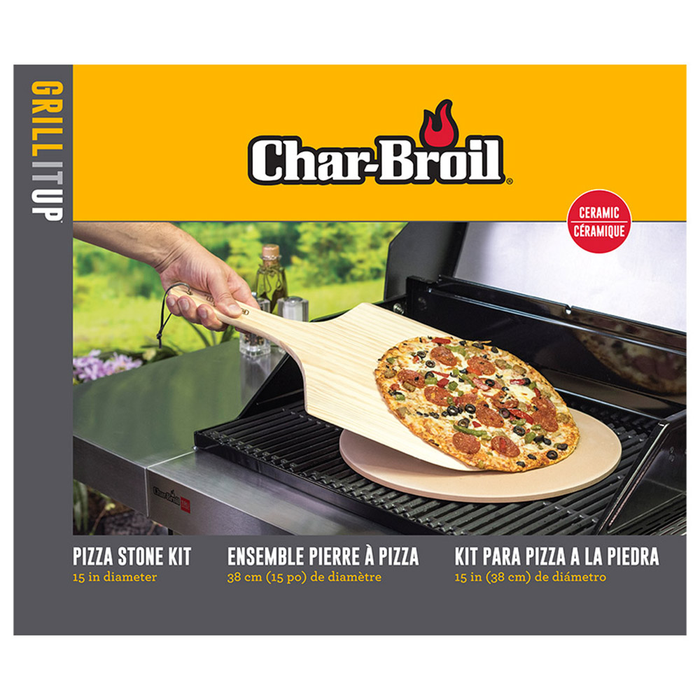 Char-Broil ceramic pizza stone kit with pizza on grill.