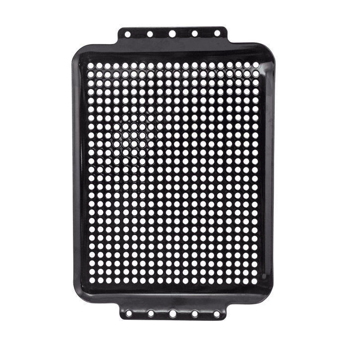 Black perforated metal grille with mounting brackets.