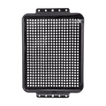 Black perforated metal grille with mounting brackets.