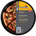 Black Char-Broil porcelain pizza pan, 16-inch diameter, grill or oven use.
