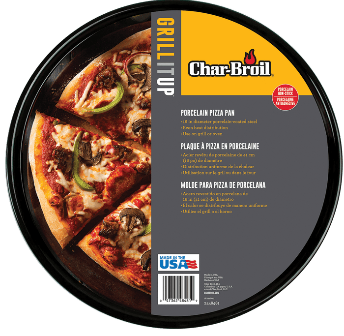 Black Char-Broil porcelain pizza pan, 16-inch diameter, grill or oven use.