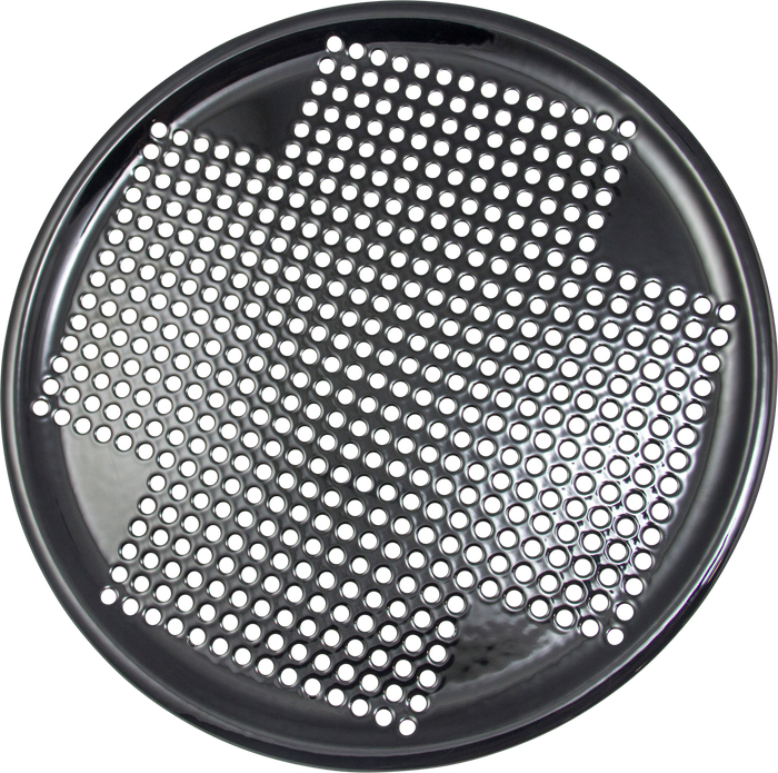 Black perforated circular grill pan with heart-shaped cutout.