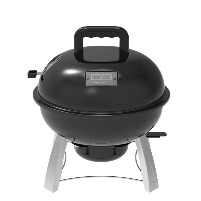 Black Char-Broil kettle grill with lid and stand.