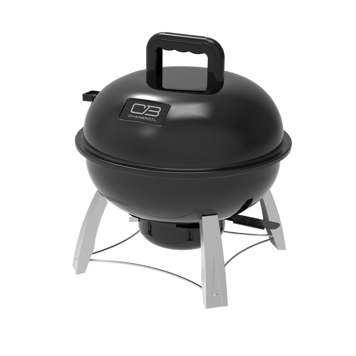 Black Char-Broil portable charcoal grill with lid and stand.