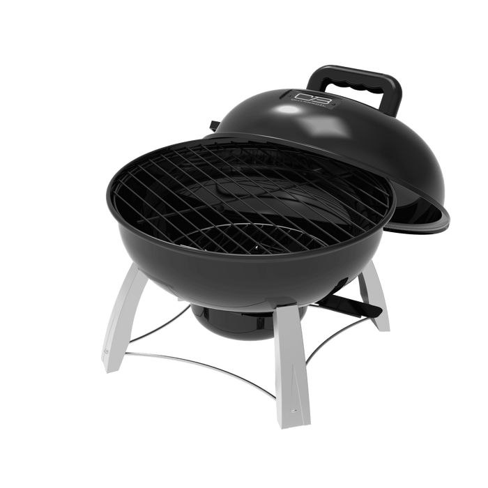 Black kettle-style charcoal grill with lid open, brand "BBQ" visible.