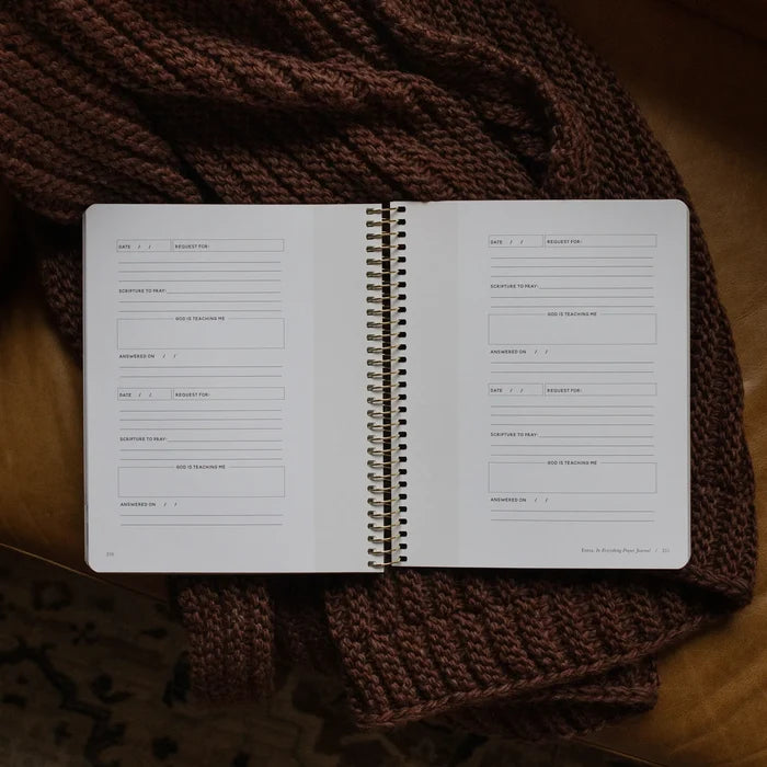 The Pray Spiral Study opened to the pray request page on a woven blanket