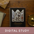 Revelation Study cover on a wooden desk next to a bronze oil lamp with a banner that reads Digital Study