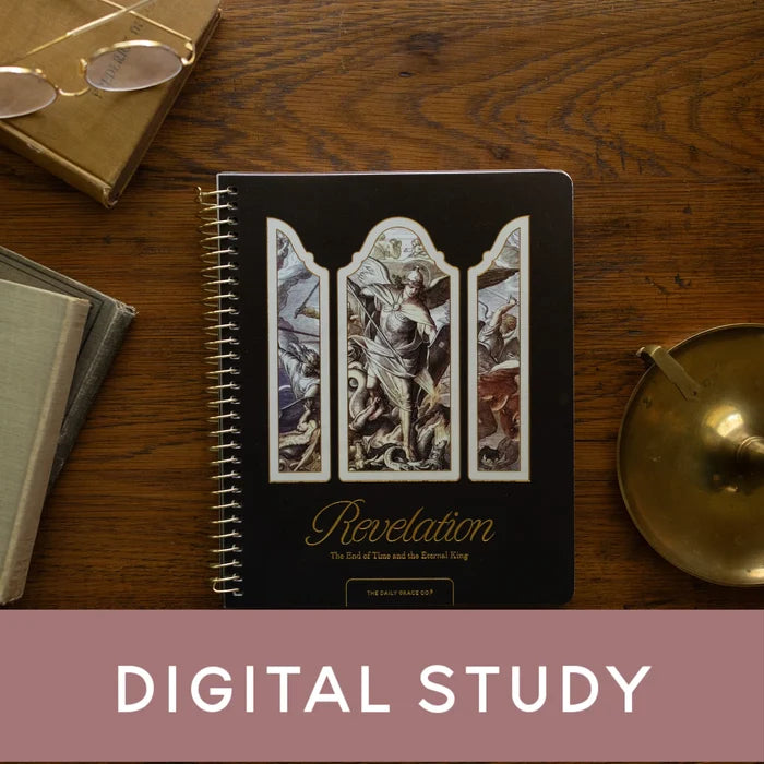 Revelation Study cover on a wooden desk next to a bronze oil lamp with a banner that reads Digital Study