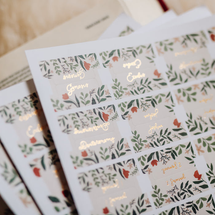 Close up of Bible tabs with gold script.