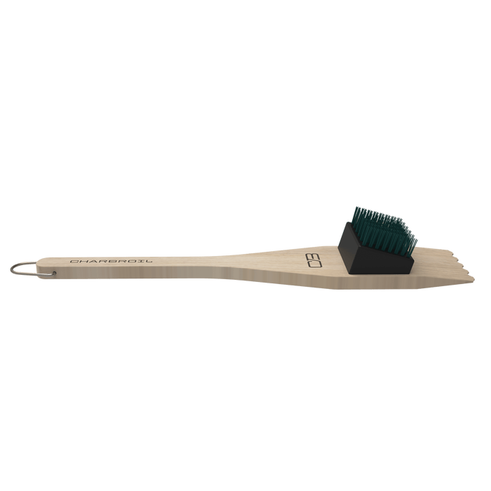Natural wood Char-Broil grill brush with black bristles and metal ring.