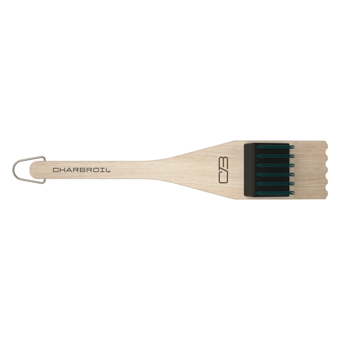 Lightwood Char-Broil grill brush with black bristles and metal clip.