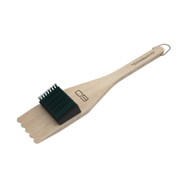 Wooden Char-Broil grill brush with black bristles and loop handle.