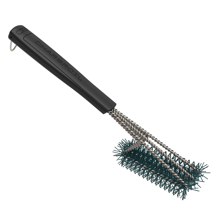 Black Char-Broil grill brush with metal bristles and handle.