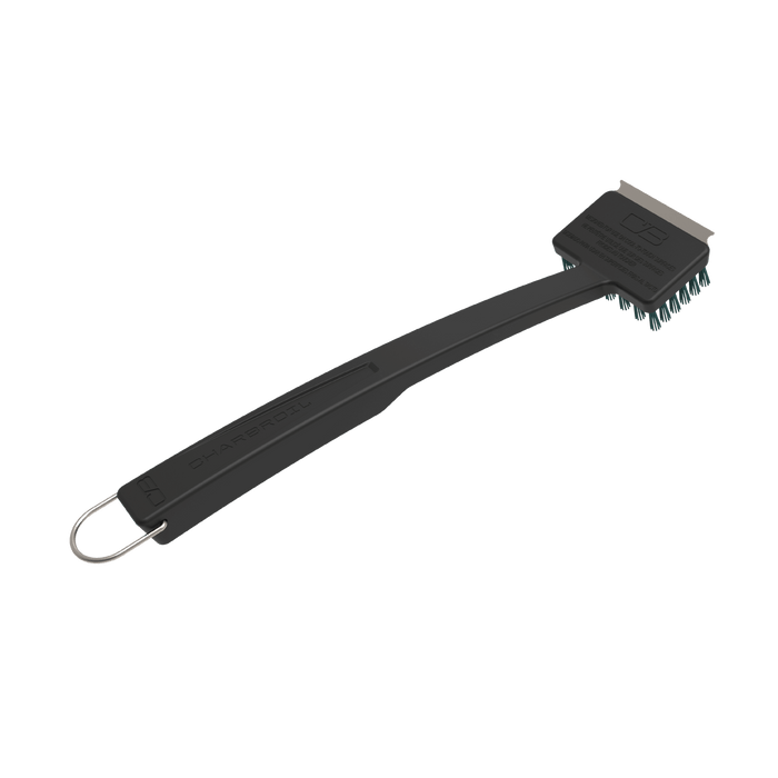 Black grill cleaning brush with metal bristles, scraper edge, and hanging loop. Ideal for BBQ maintenance.