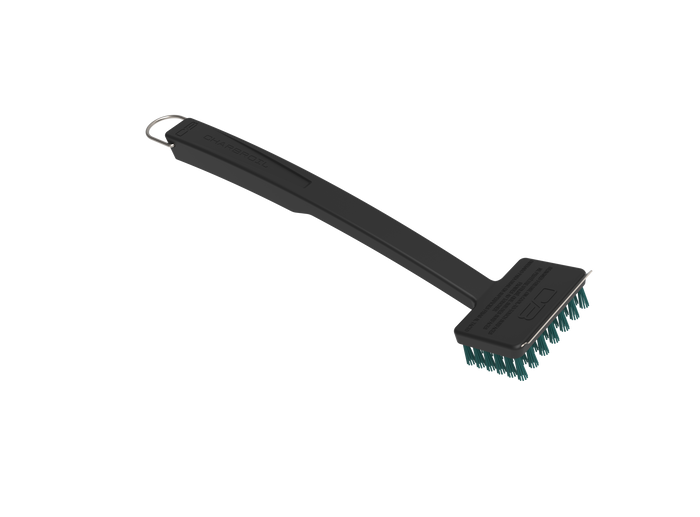Black cleaning brush with handle and hanging loop.