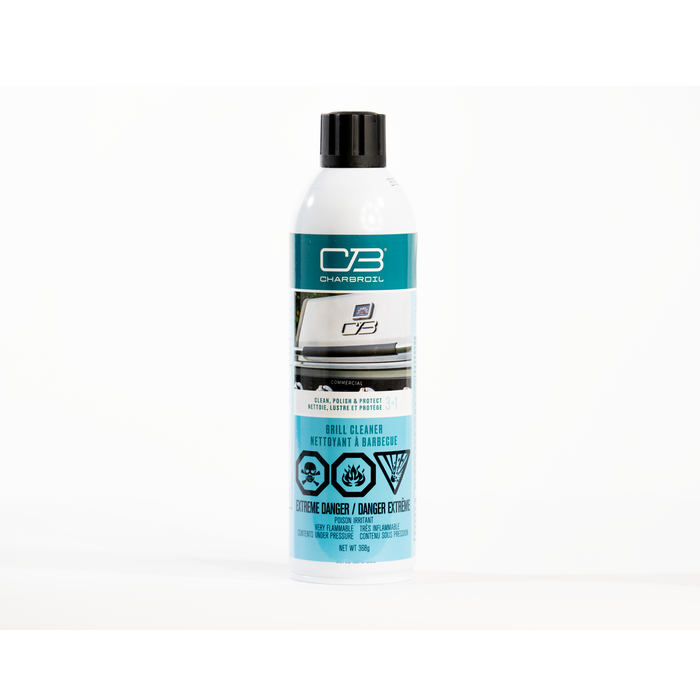 White Char-Broil Grill Cleaner spray bottle, extreme danger warning.