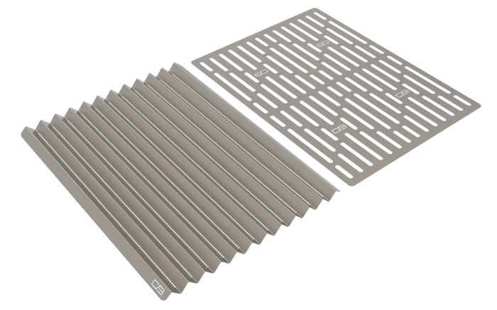 Gray metal cooling fins with text overlay, likely for heat dissipation in electronic devices.