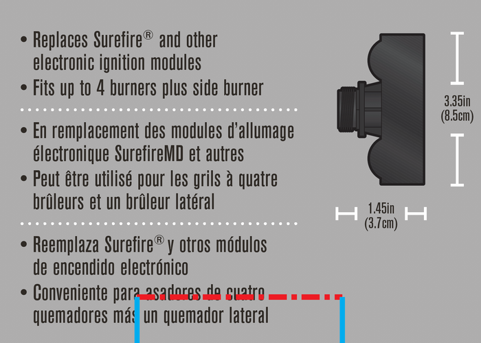 Black electronic ignition module for up to 4 burners plus side burner, replaces Surefire®.