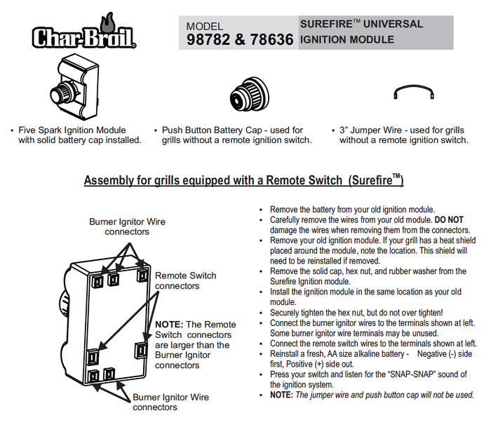 Char-Broil Surefire Universal Ignition Module (Model 98782 & 78636) with components for grill assembly.
