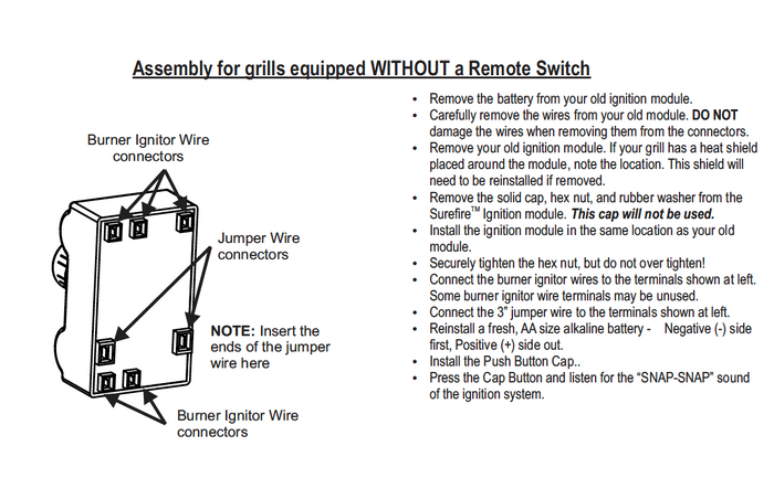 Assembly instructions for grills without a remote switch, showing ignition module and jumper wire connections.