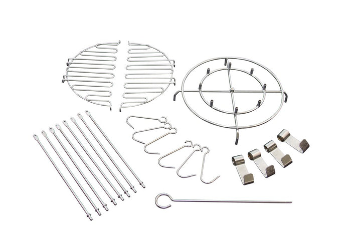Stainless steel grill accessories set including racks, skewers, and hooks.