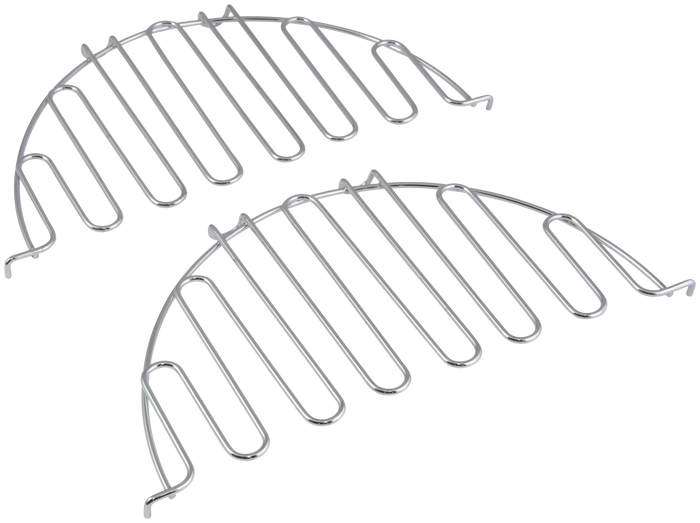 Silver metal grill racks, curved design, multiple parallel bars.