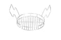 Stainless steel round grill basket with handles and hooks.
