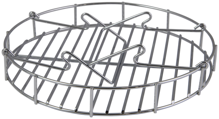 Silver metal wire basket with circular design and multiple loops.