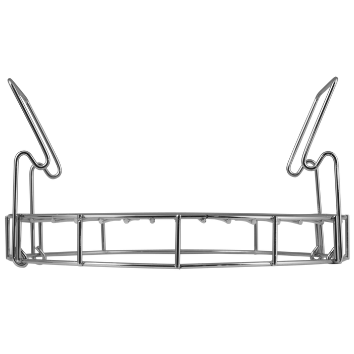 Stainless steel dish drying rack with adjustable arms and multiple tiers.