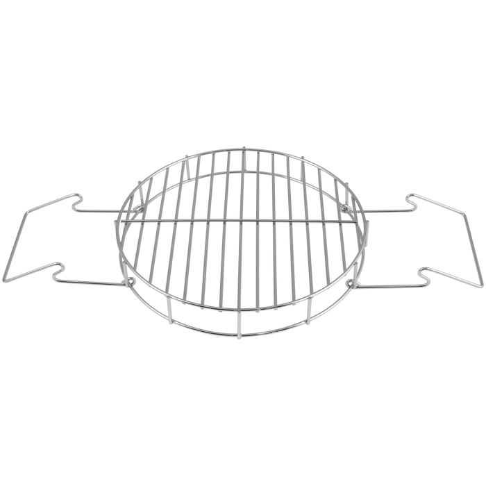 Stainless steel round grill grate with side handles.