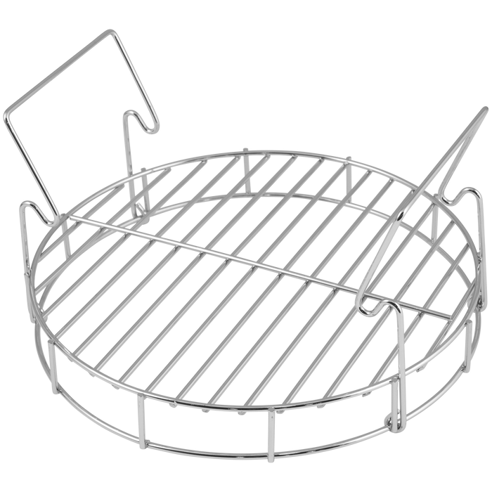 Silver round wire grill basket with handle.