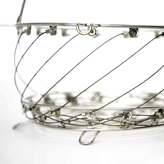 Silver wire basket with metal frame and hooks.