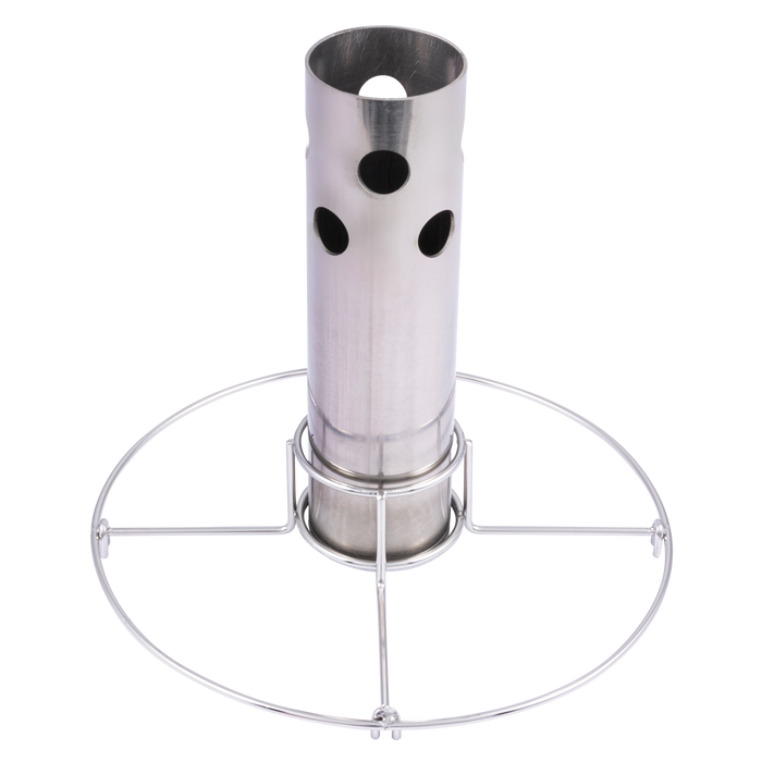 Silver cylindrical container with black dots, held by a metal stand.