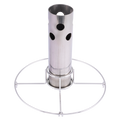 Silver cylindrical container with black dots, held by a metal stand.
