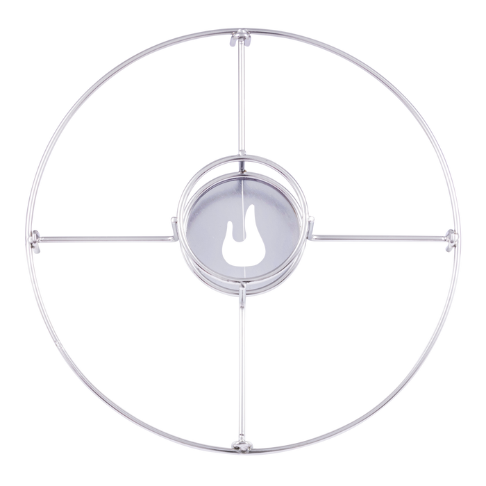 Silver metal target with black flame symbol in center.