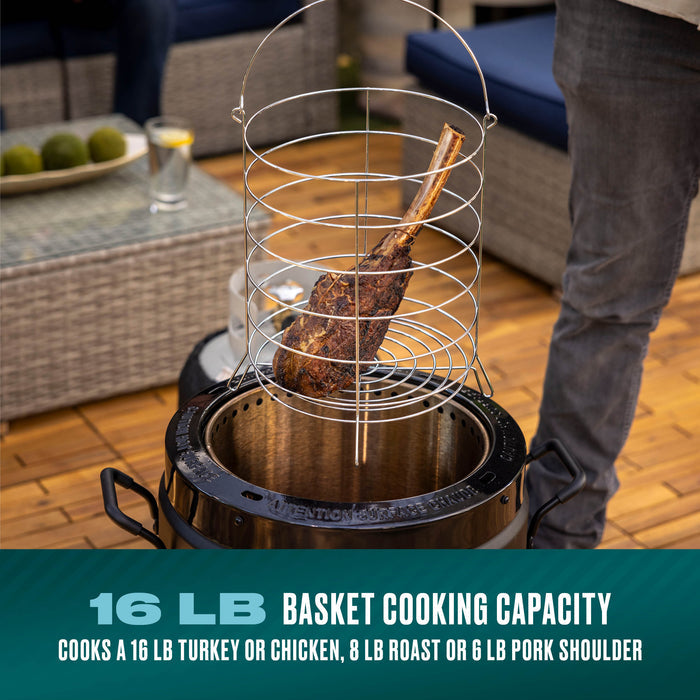 Large metal cooking basket with 16 lb capacity, shown holding a roast above a cooker. Ideal for turkey, chicken, or pork.