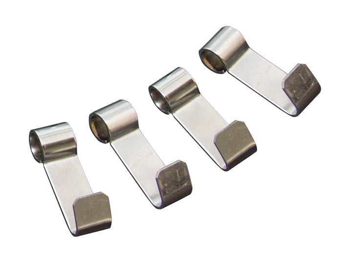 Silver metal hooks with square bases and circular loops.
