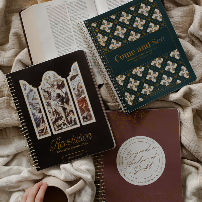 Come and See Bible study, Revelation Study, and the Beyond a Shadow of a Doubt study on an open bible and a creme colored blanket