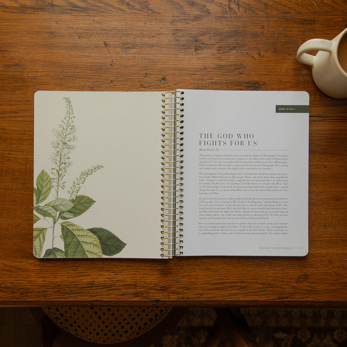 An open spiral-bound book or journal lies on a wooden table, showing a botanical illustration on the left page and a text page on the right. A small white ceramic mug is partially visible in the top-right corner.