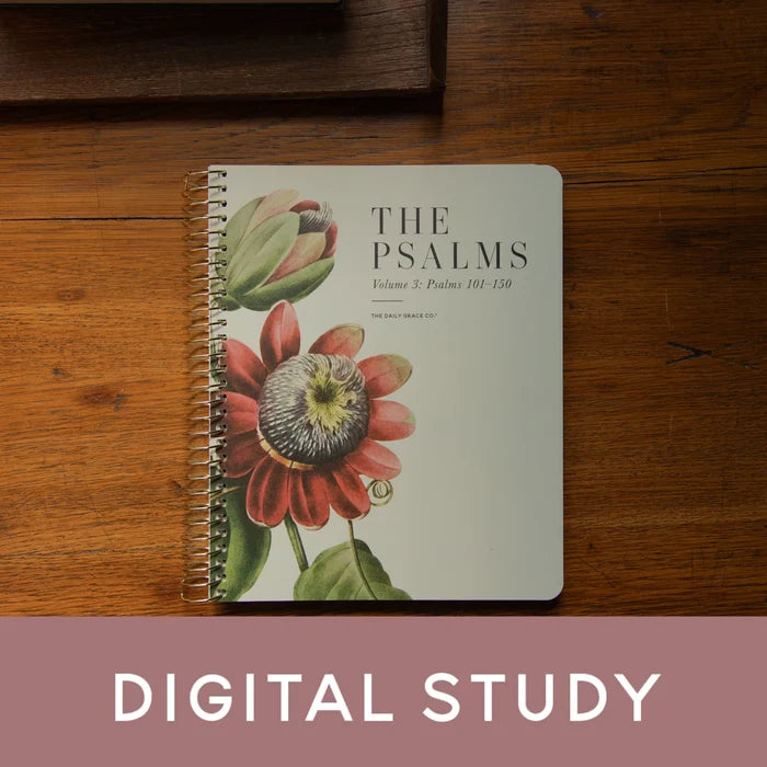 A spiral-bound book titled 'THE PSALMS Volume 3: Psalms 101-150' with a floral cover illustration, placed on a wooden surface. A mauve banner at the bottom reads 'DIGITAL STUDY'.