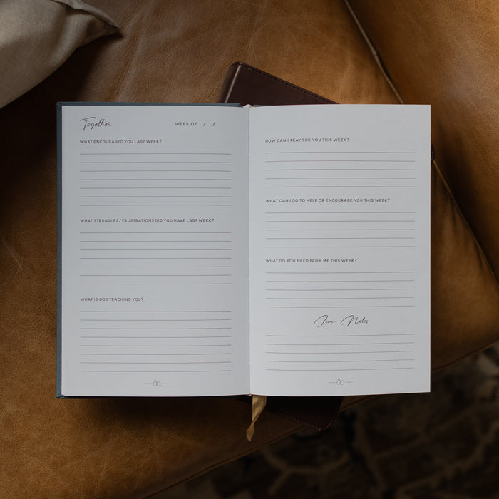 Open planner on a brown leather surface