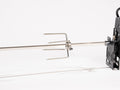 Silver metal tool with adjustable components and black mounting bracket.