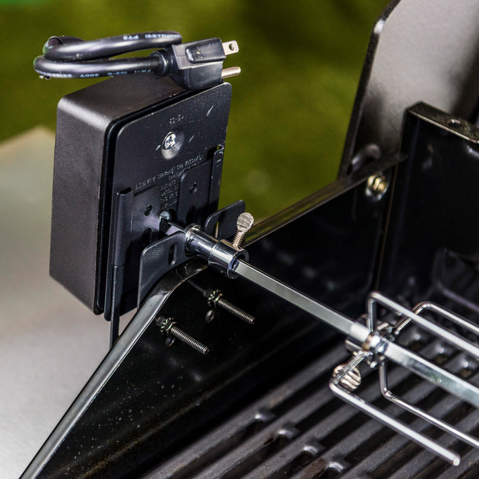 Black electric grill with adjustable metal rack and power cord.