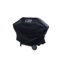 Black Char-Broil grill cover with wheels, protecting outdoor cooking appliance.