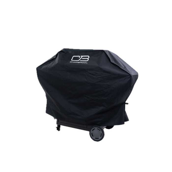 Black Char-Broil grill cover with wheels, protecting outdoor cooking appliance.