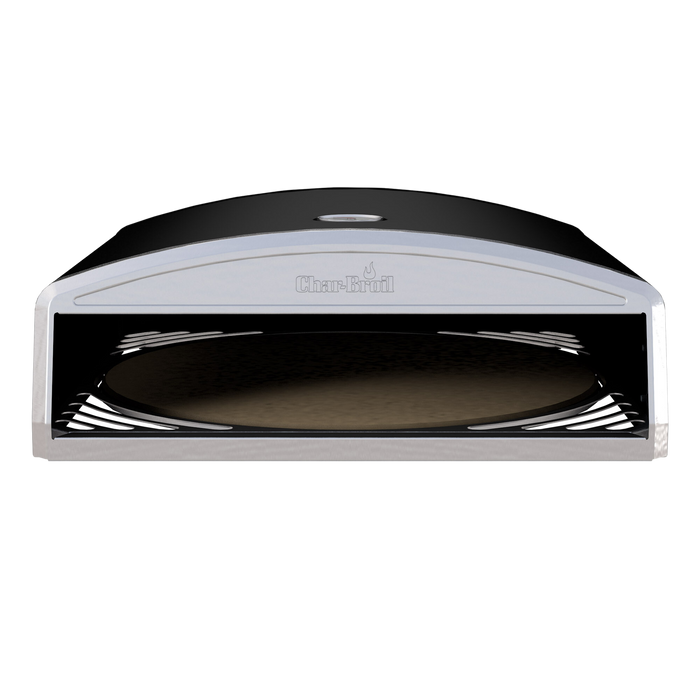 White Char-Broil pizza oven with black interior and vented sides.