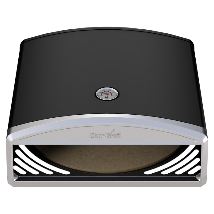 Black Char-Broil electric grill with temperature gauge and charcoal mode.