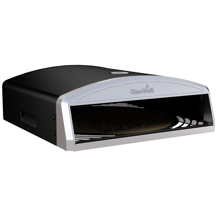 Black Char-Broil pizza oven with white front panel.